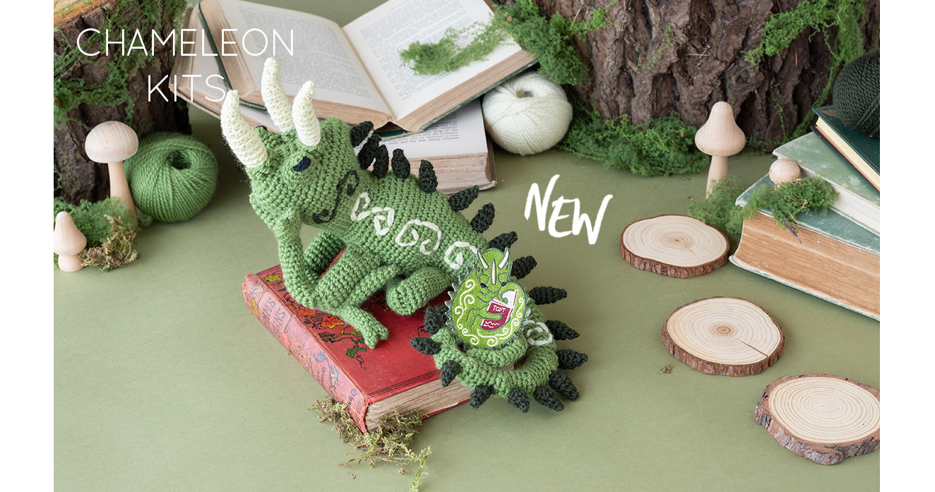 Chameleon kits new crochet patterns by Kerry Lord jacksons chameleon